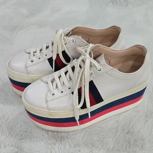 Gucci White Platform Sneakers with Red and Blue Stripes